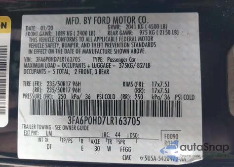 2020 Ford Fusion Se z USA, uszkodzony, nr VIN 3FA6P0HD7LR163705